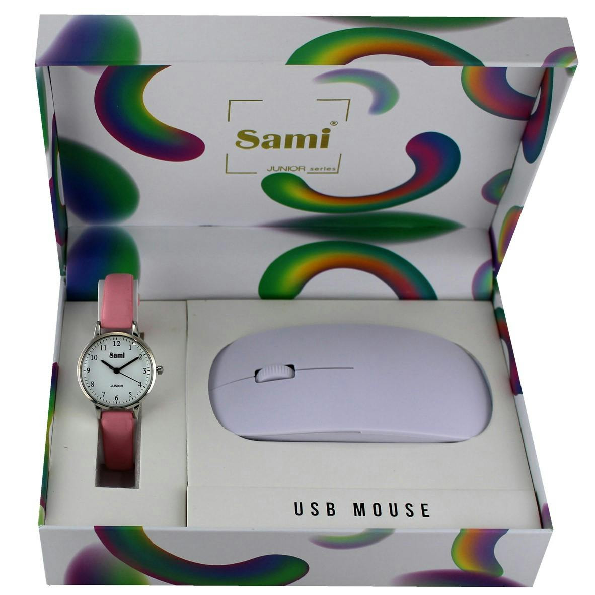 Set reloj de pulsera y ratón USB con caja de 30 mm y correa de cuero