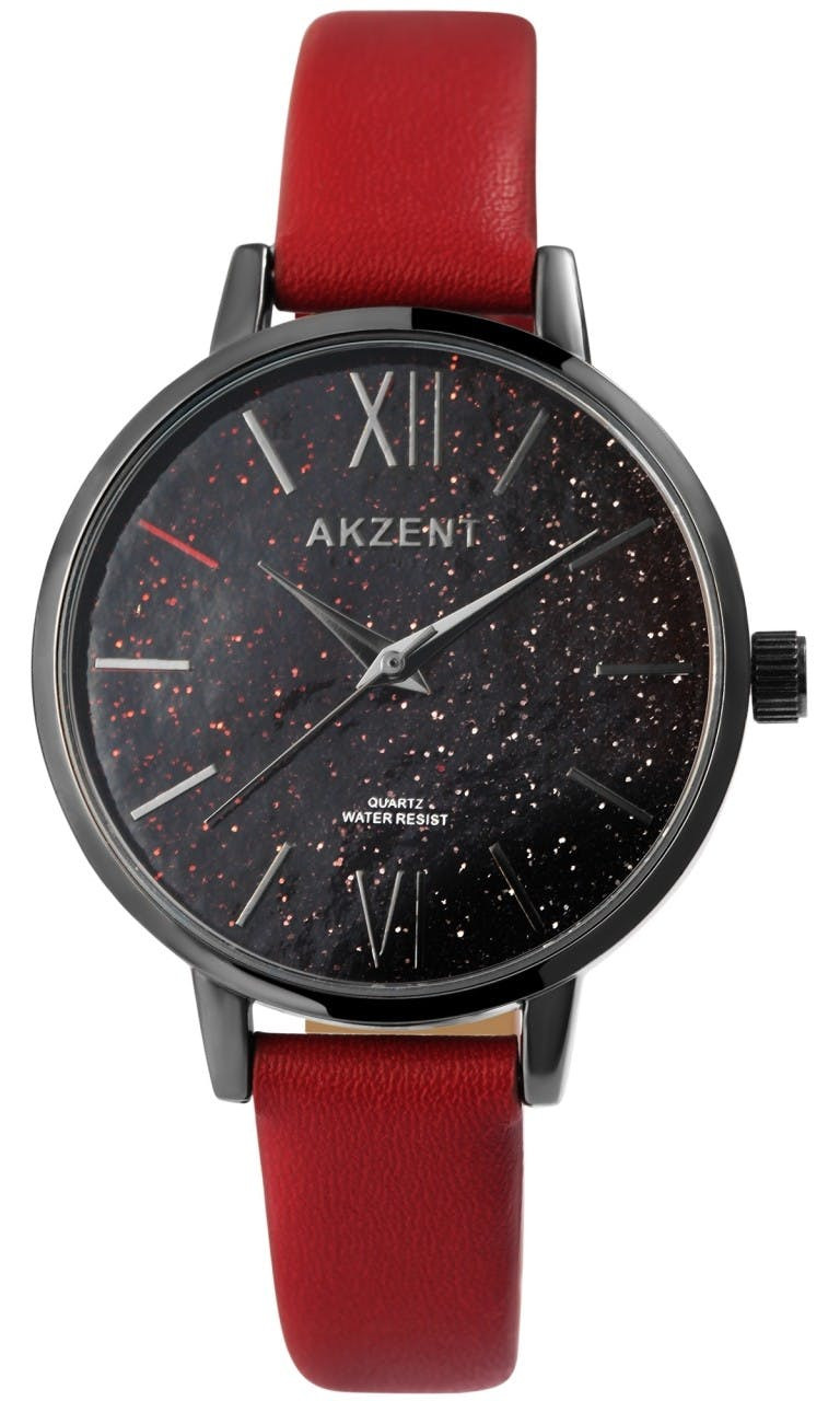 Analog watch with glitter dial and metal case