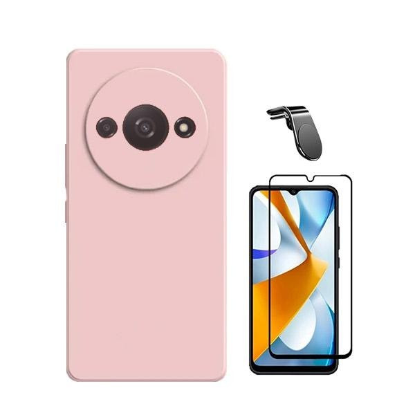 Tempered Glass Full Cover Kit + Liquid Silicone Case + Magnetic Car Mount for Redmi A3