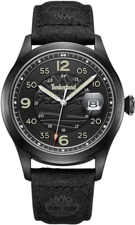 Casual analog watch with black leather strap and 42 mm case