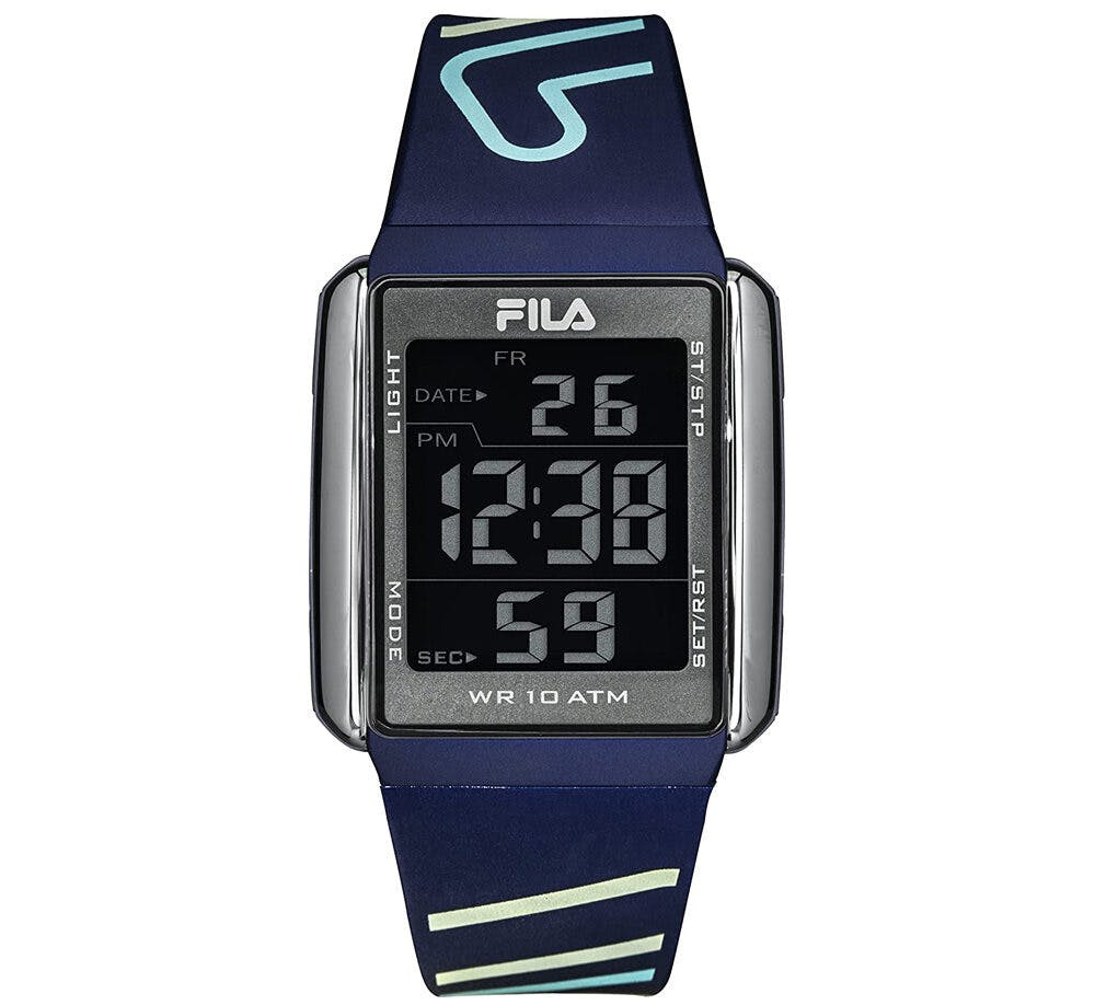 Chronograph with blue plastic case and silicone strap