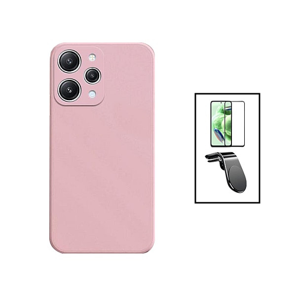 Kit protector de vidrio 5D + funda de silicona líquida + soporte magnético para Xiaomi Redmi Note 12R - Rosa