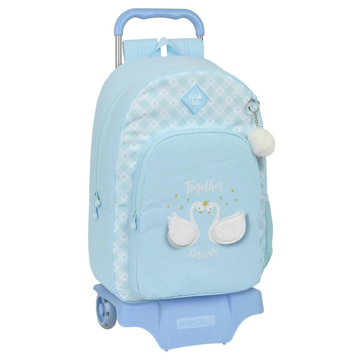 Mochila escolar con ruedas estampado cisnes azul