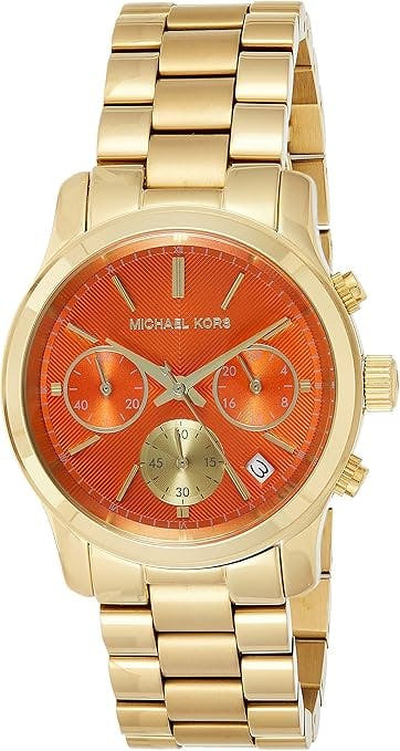 Reloj casual de acero inoxidable con esfera naranja y brazalete dorado