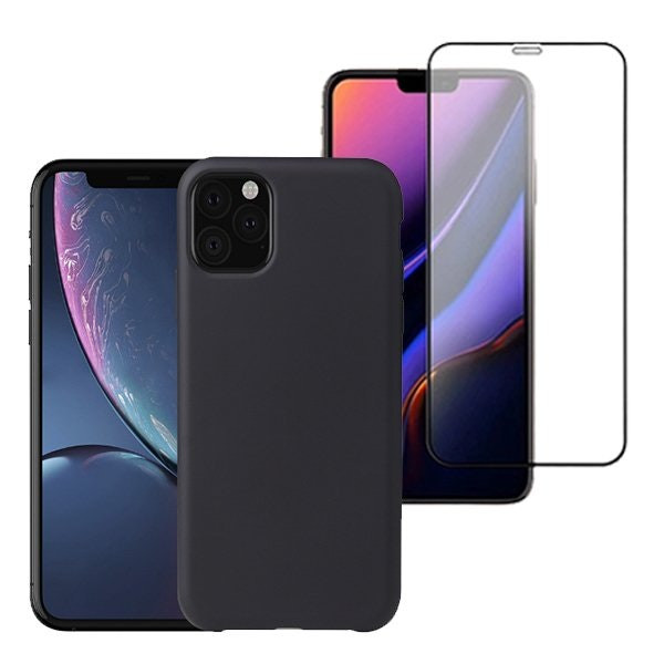 Protector de vidrio templado full cover 5D y funda de silicona líquida para iPhone 11 Pro Max
