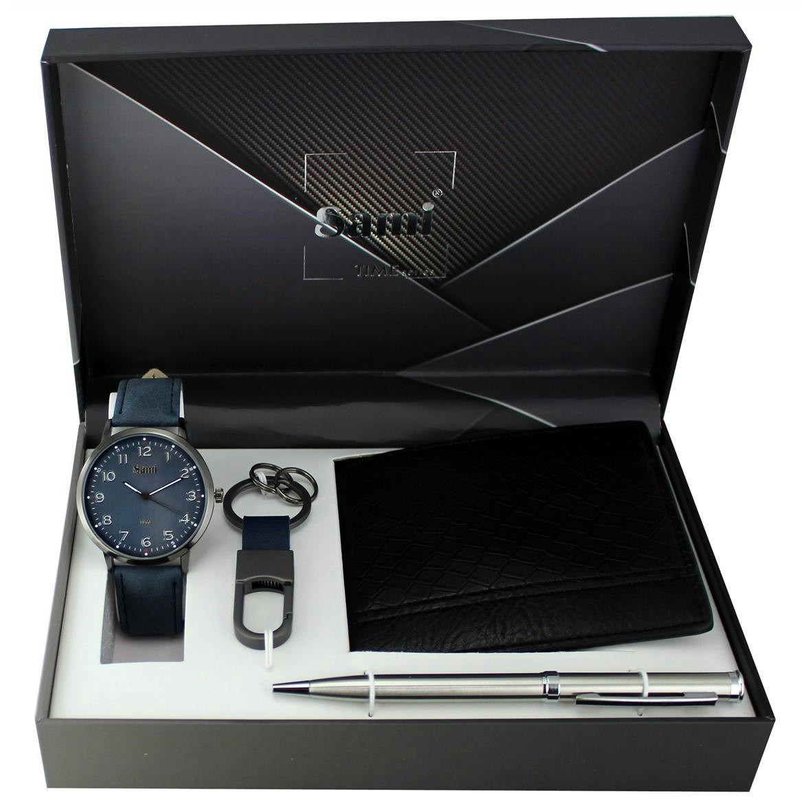 Watch set with wallet and keyring in leather