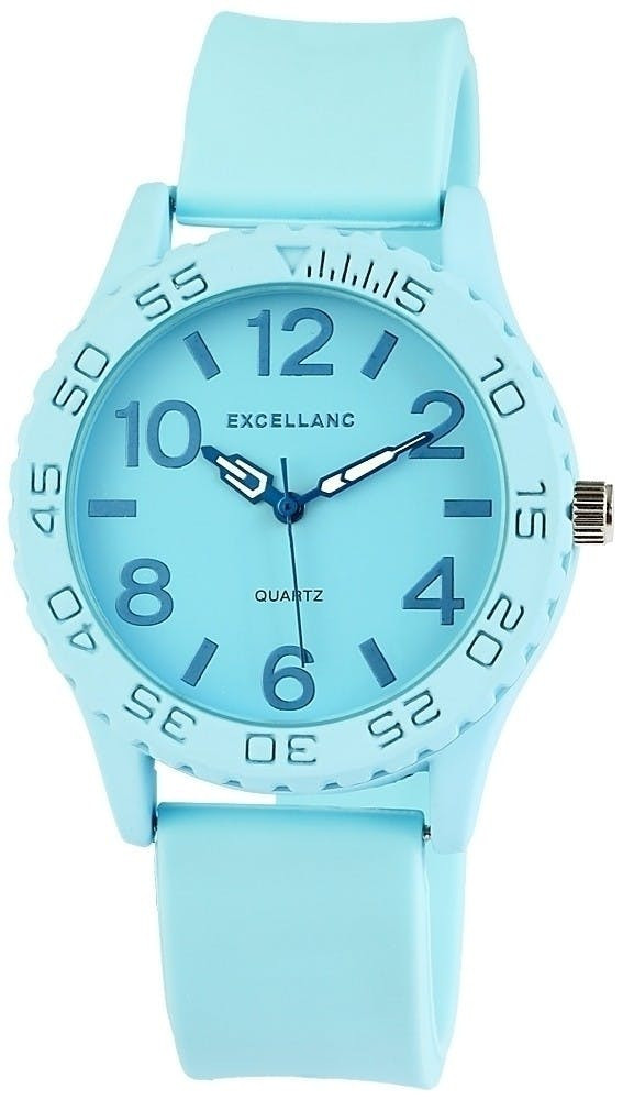 Reloj analógico metálico con correa de silicona azul