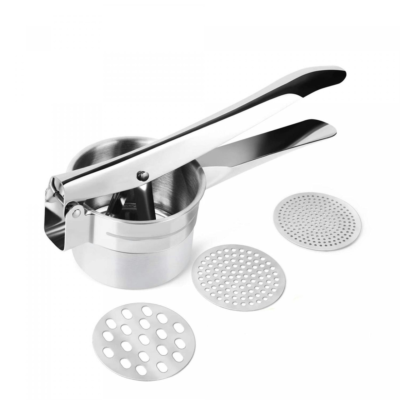 Stainless steel potato ricer with 3 discs