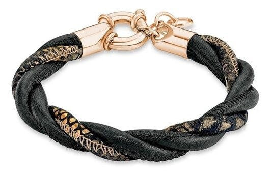 Pulsera de metal y cuero negra y dorada