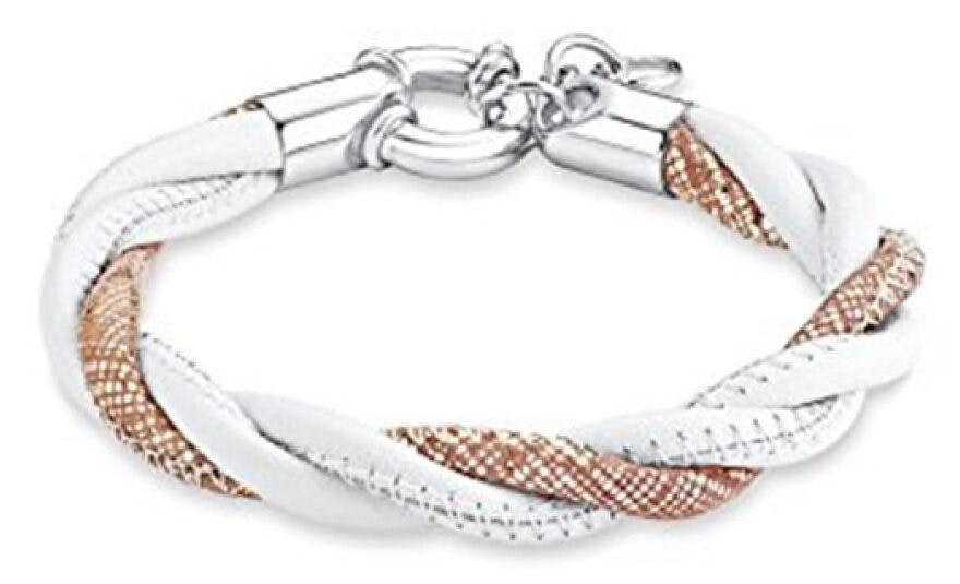Pulsera de metal y cuero blanco con detalle oro rosa