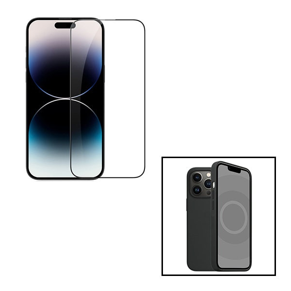 Tempered Glass 5D Full Cover Screen Protector and Liquid Silicone Case for iPhone 15 Plus Black