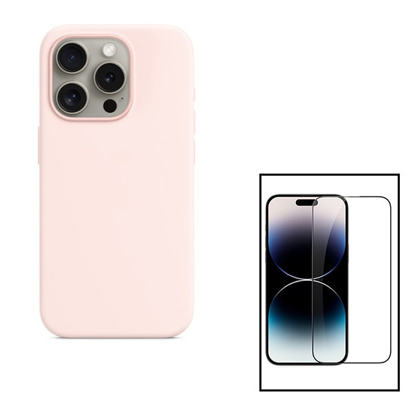 Protector vidrio templado Full Cover 5D y funda silicona líquida para iPhone 15 - Rosa