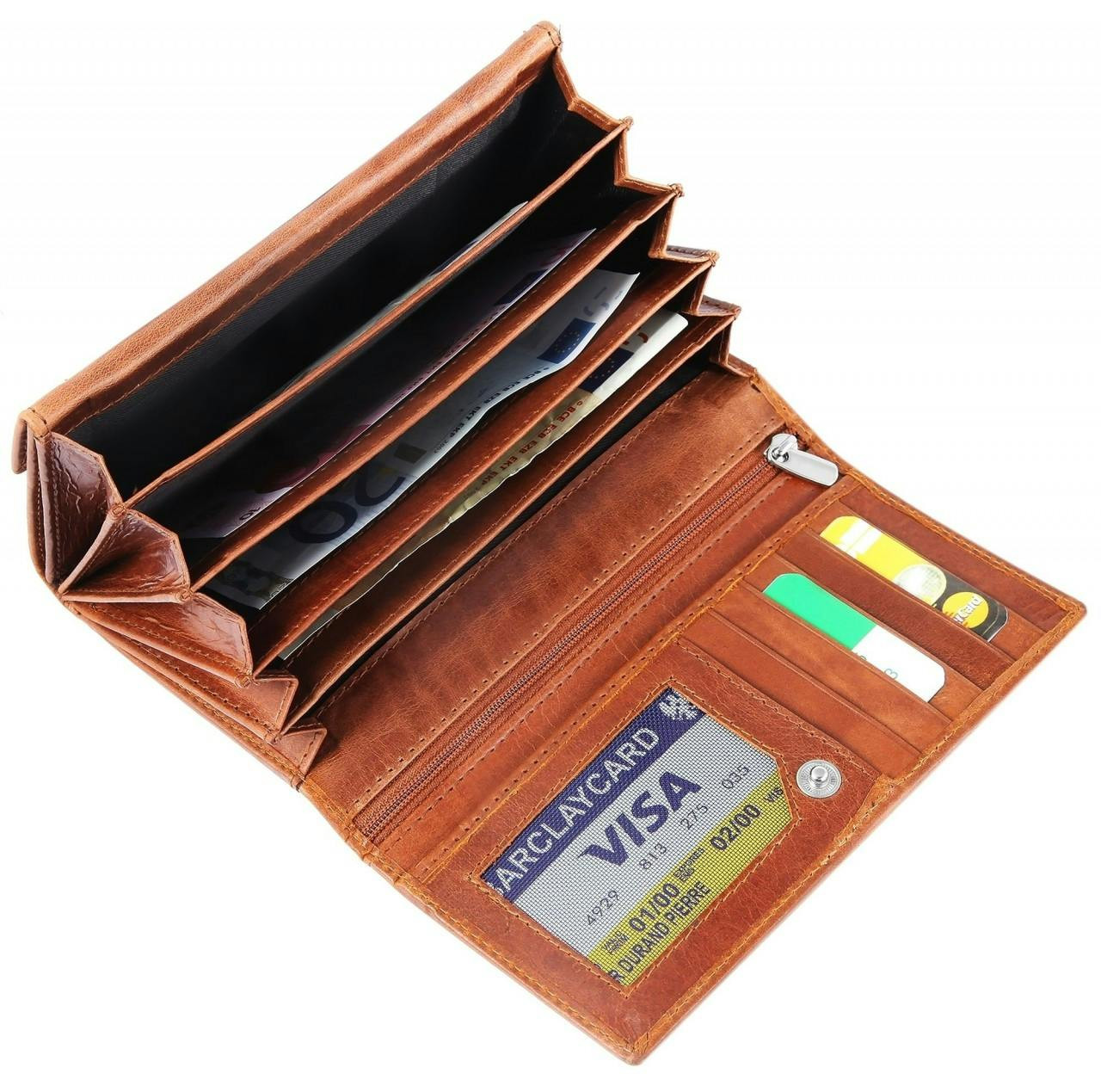 Genuine leather landscape wallet with multiple compartments