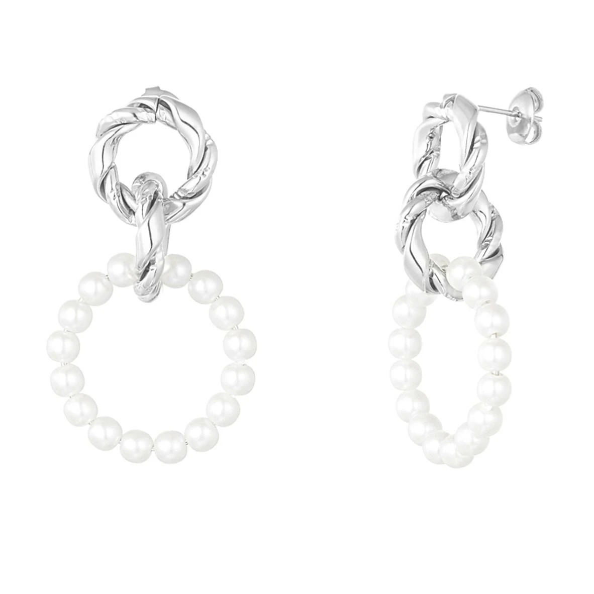 Pendientes plateados con piedras blancas en acero inoxidable y perla sintética