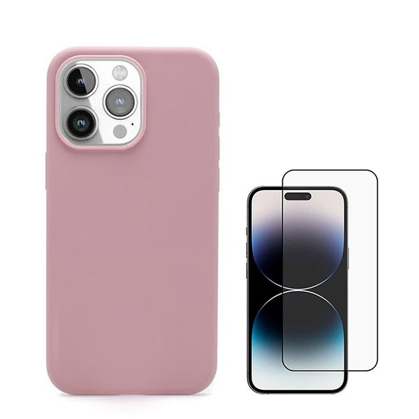 Protector de vidrio Full Cover 5D y funda de silicona líquida para iPhone 16 Pro Max - Rosa