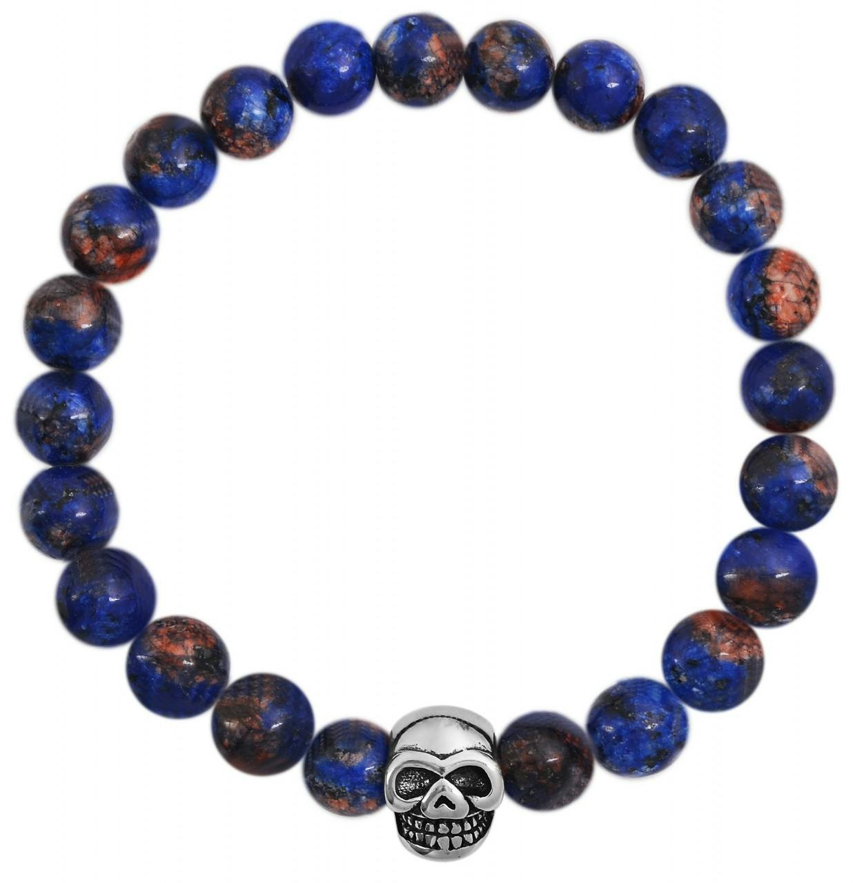 Pulsera de cuentas de piedra natural con elemento de calavera en acero inoxidable