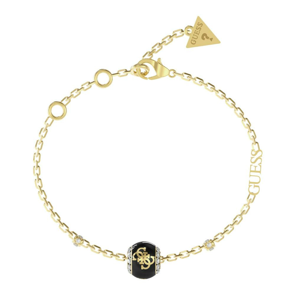 Pulsera de acero inoxidable con acabado dorado y detalles negros