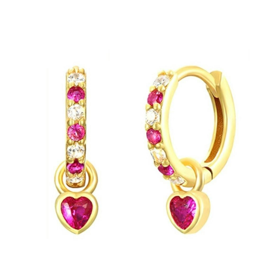 Pendientes Aro con Colgante de Corazón y Piedras Rosas