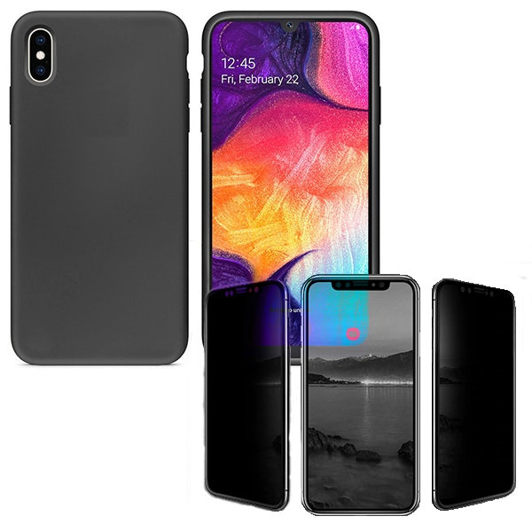 Kit protector de vidrio de privacidad y funda de silicona líquida para Samsung Galaxy M10
