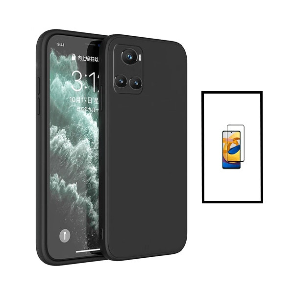 Protector de vidrio templado Full Cover 5D y funda de silicona líquida para OnePlus 10R 5G - Negro