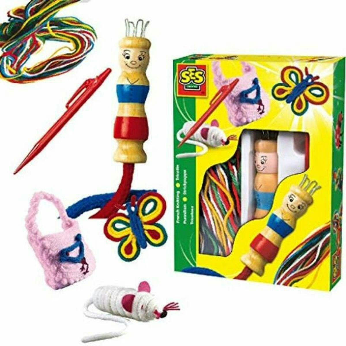 Kit de punto con muñeca de madera y hilos multicolores