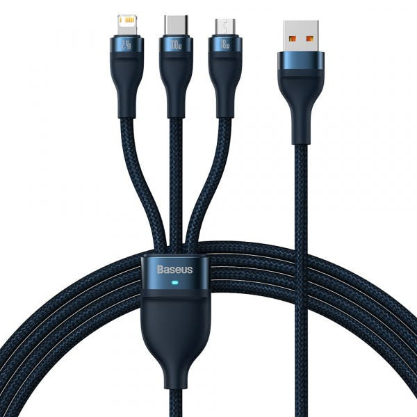 Cable de carga 3 en 1 Flash Series II USB-A a Lightning microUSB USB-C 66W 6A 1,2 m azul