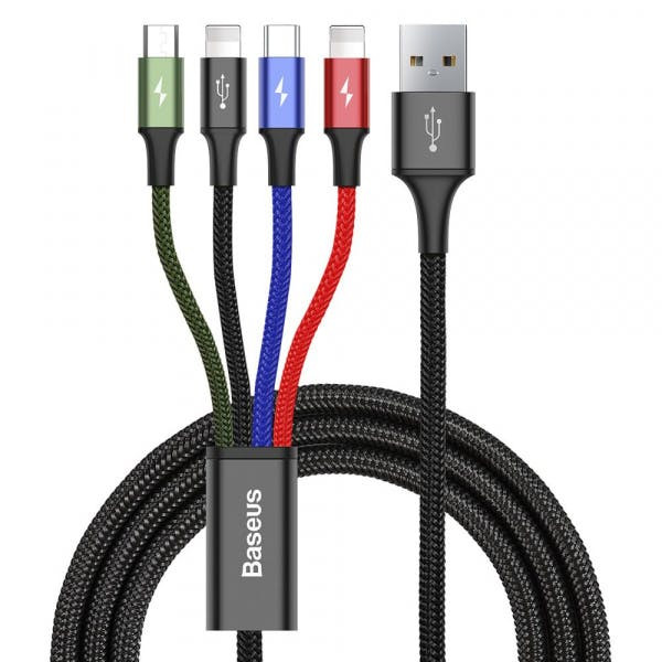 4-in-1 USB-A charging cable for Lightning, microUSB and USB-C 20W 2.4A 1.2 m