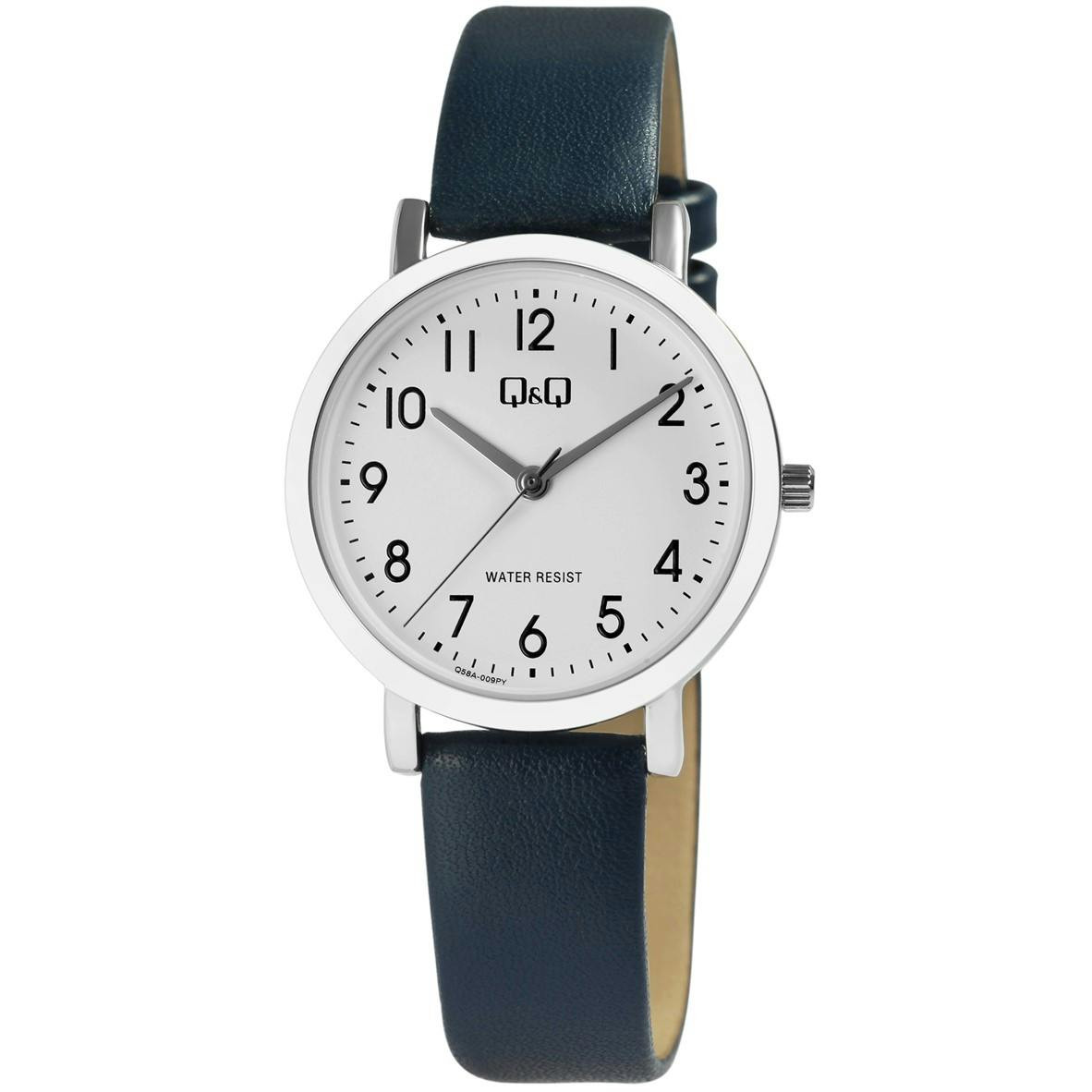 Analogue metal watch with blue synthetic leather strap