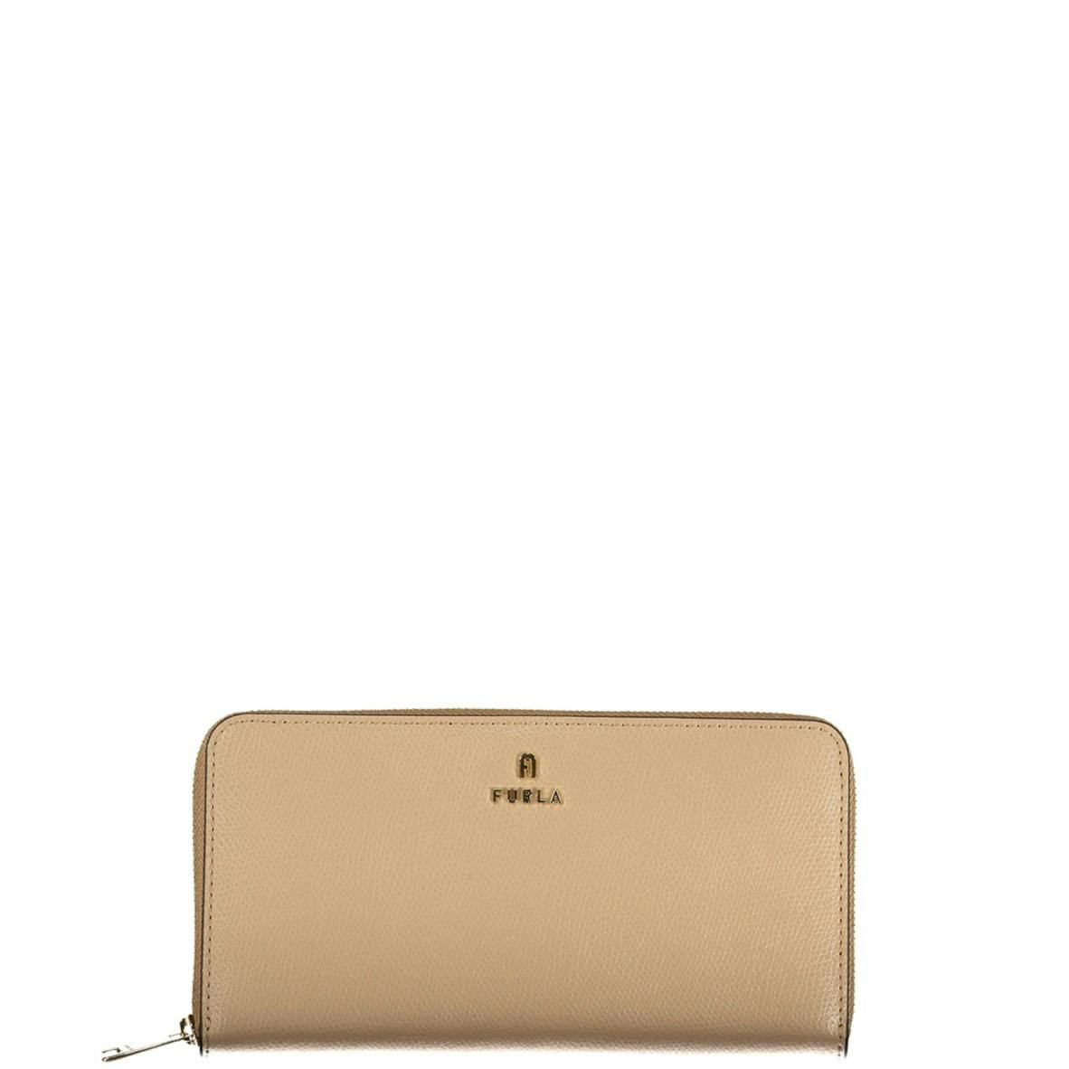Cartera de piel beige con cierre de cremallera y monedero integrado