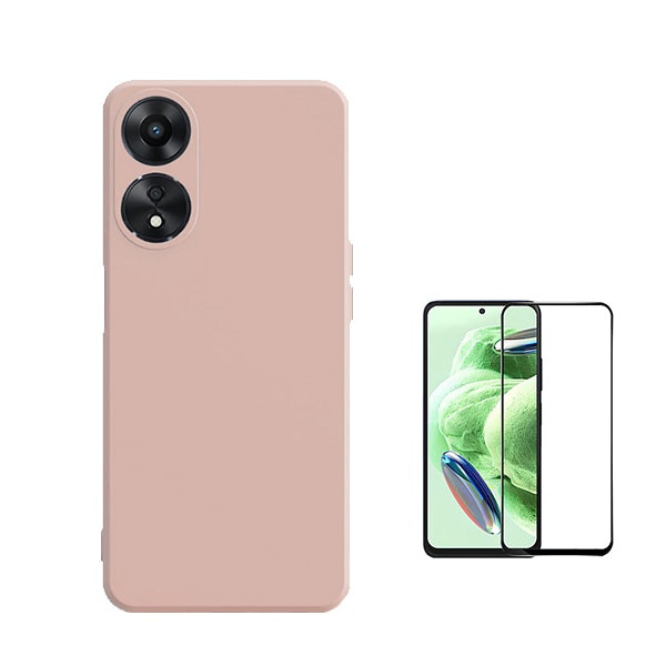 Kit protector de vidrio templado y funda de silicona líquida para Oppo A58 4G - Rosa