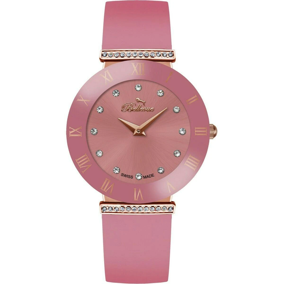 Reloj femenino Bellevue E116 caja metálica correa textil rosa