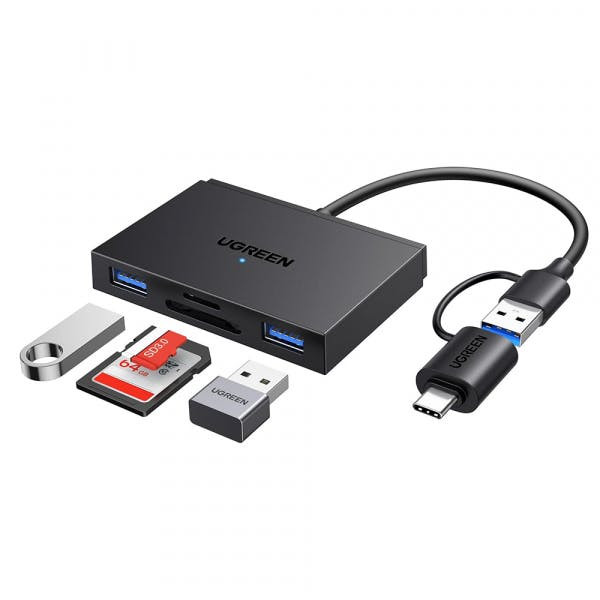 UGREEN CM812 USB-C card reader with SD/microSD and 2x USB-A, black