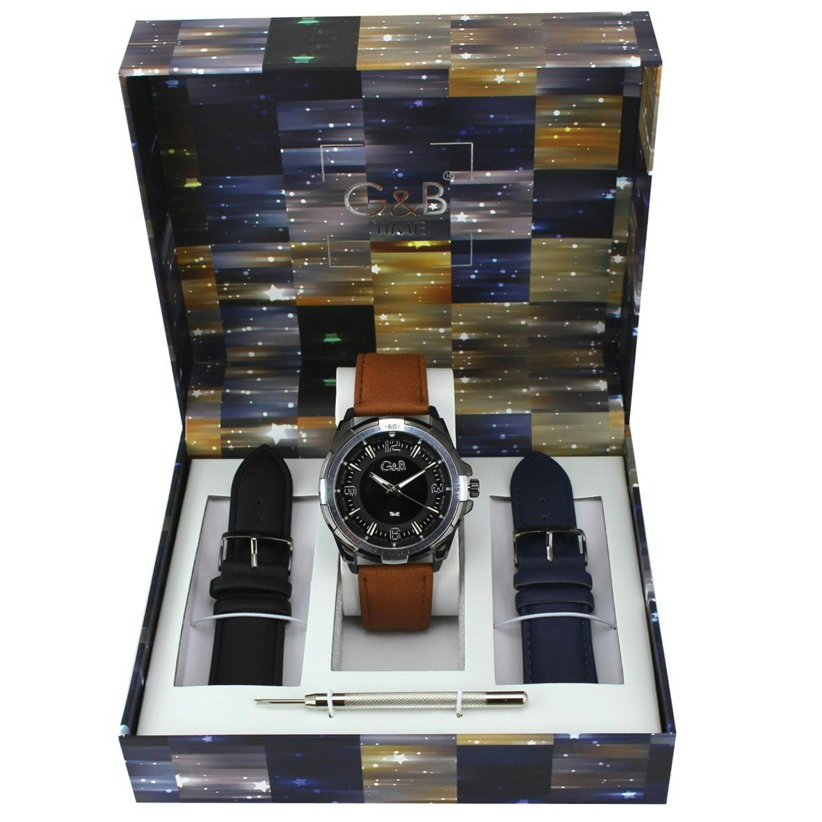 Reloj de cuarzo caja acero inoxidable esfera negra con correas de cuero intercambiables
