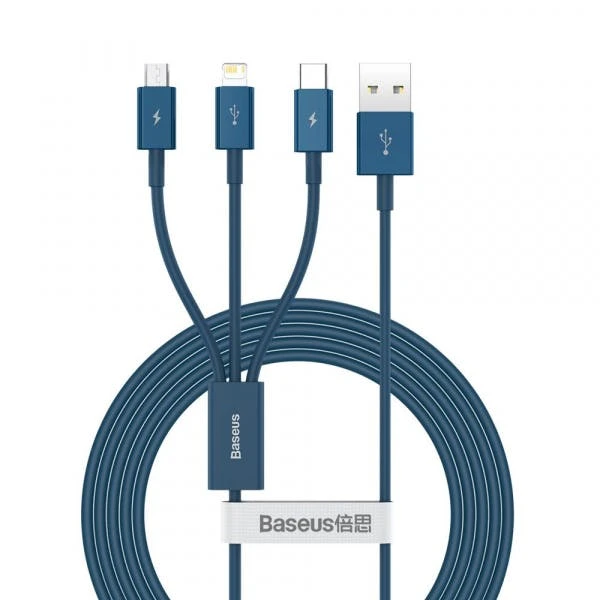 Cable de carga 3 en 1 USB-A Lightning microUSB USB-C 20W 1,5 m Azul