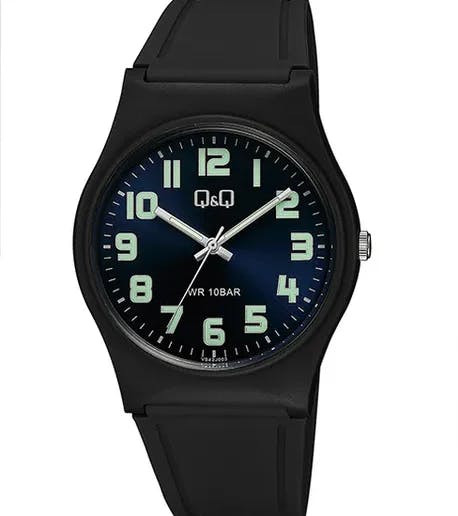 Reloj analógico de resina con esfera negra y detalle azul
