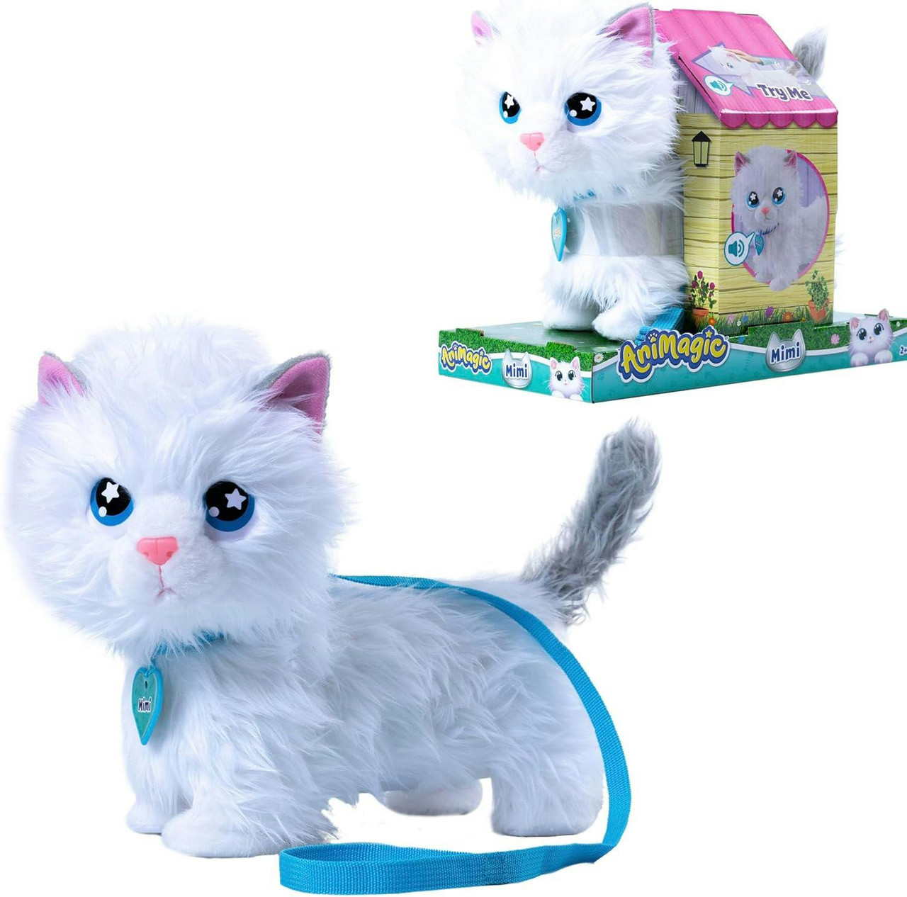 Gatito interactivo de peluche con movimiento y sonido, blanco, con correa