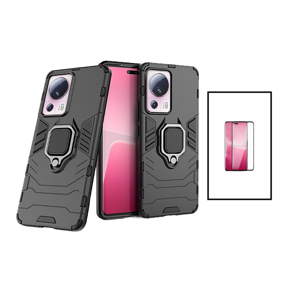 Curved tempered glass and Military Defender case kit for Xiaomi 13 Lite - Black