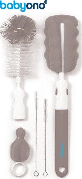 Bottle and teat cleaning brush set with removable handle and mini sponge