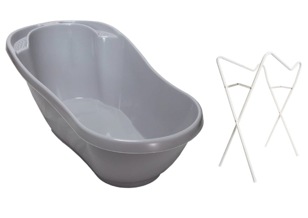 Bañera de bebé con soporte y sistema de drenaje gris