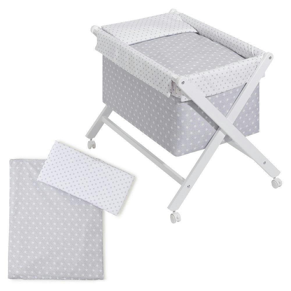 White beech crib with mattress and Star grey bedding set