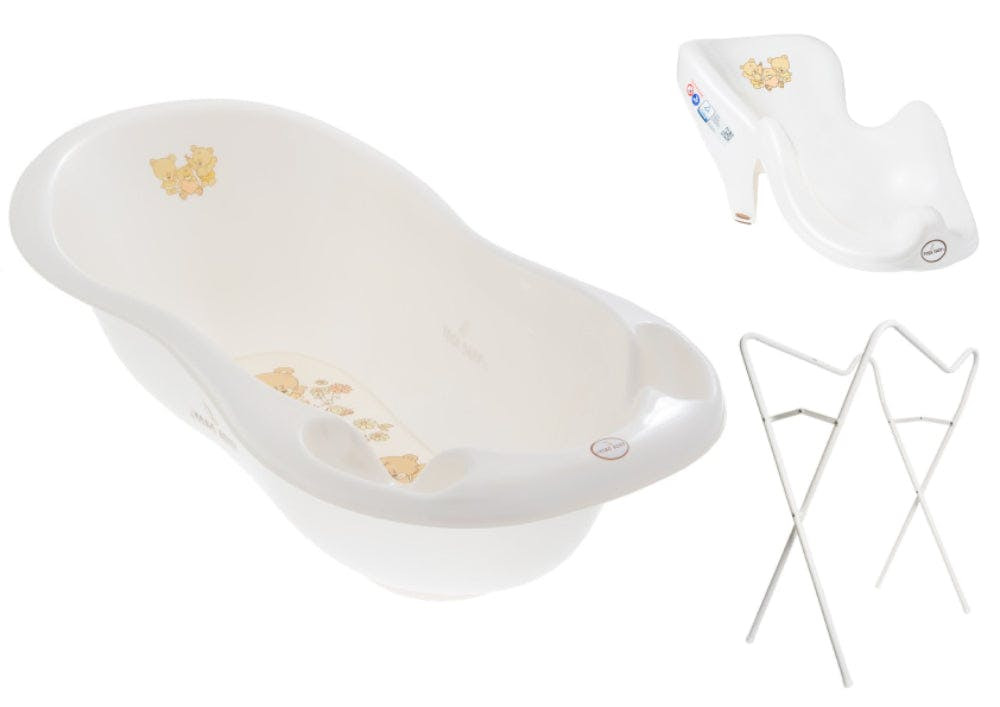 Baby bathtub with support, non-slip seat and drainage system, teddy bear white