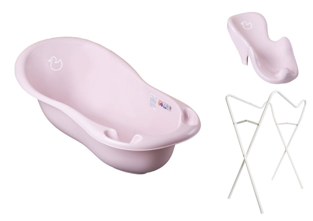 Bañera para bebé con soporte y asiento antideslizante, decoración pato rosa