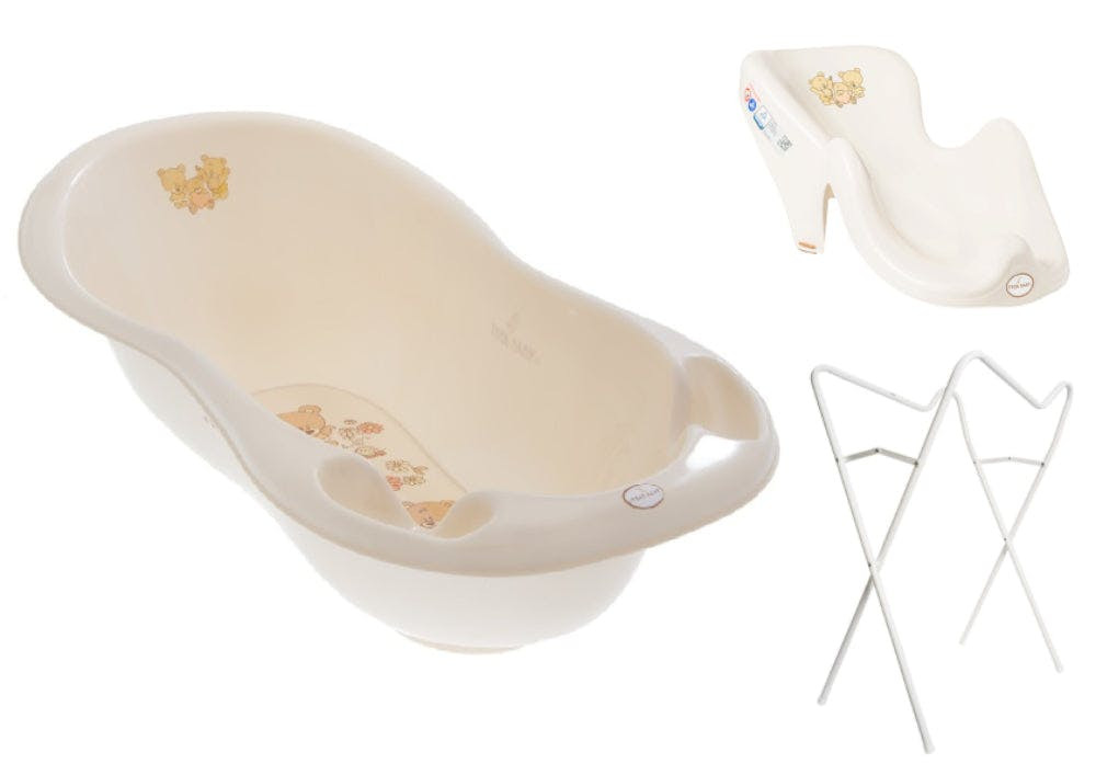 Ergonomic baby bathtub with anti-slip seat and stand Teddy Bear Beige