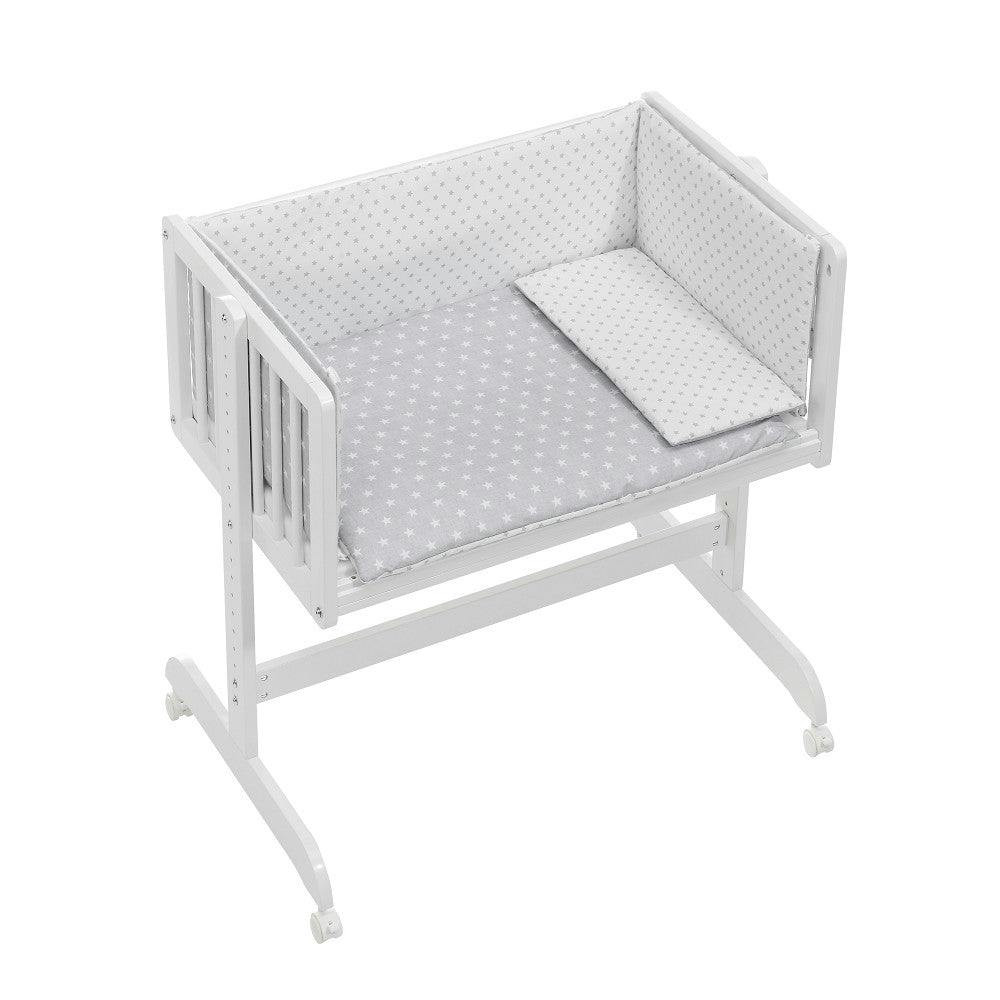 Cuna co-sleep blanca de haya con colchón y sábanas