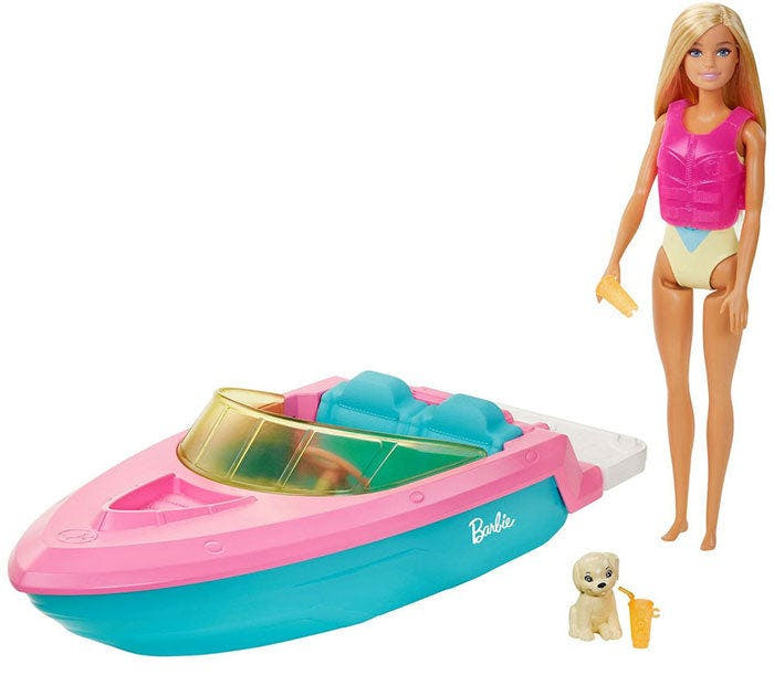 Muñeca Barbie con barco de juego y accesorios acuáticos