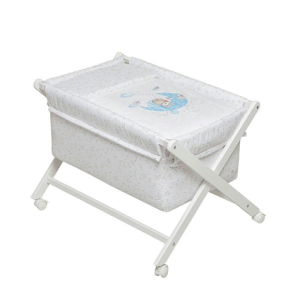Cuna blanca de haya con colchón y ropa de cama Bear Sleeping azul