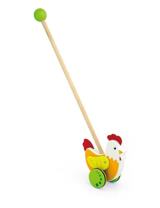 Wooden chicken push toy for toddlers with anti-slip wheels