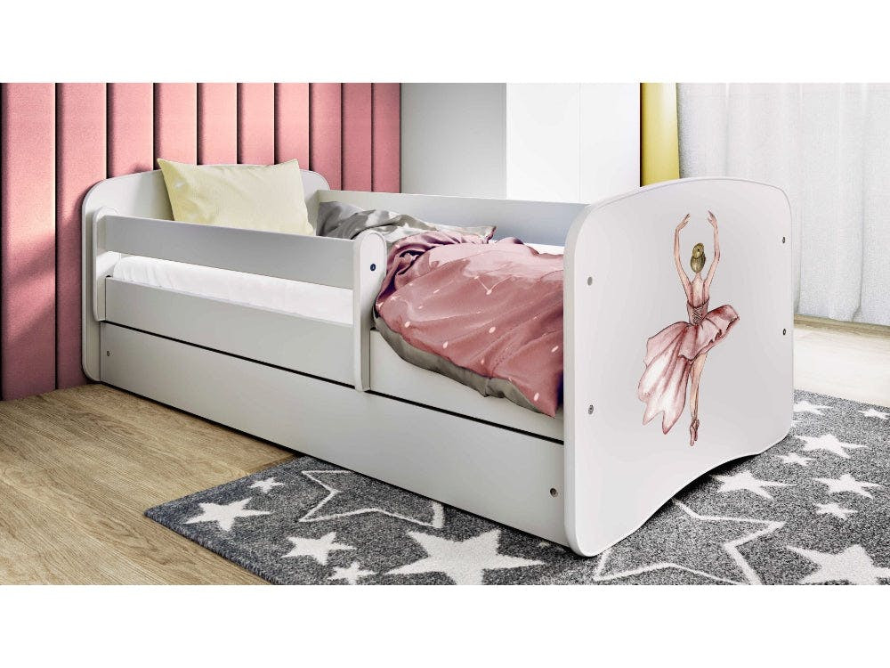 Cama infantil con estructura de ripas de abedul y cajón bipartido