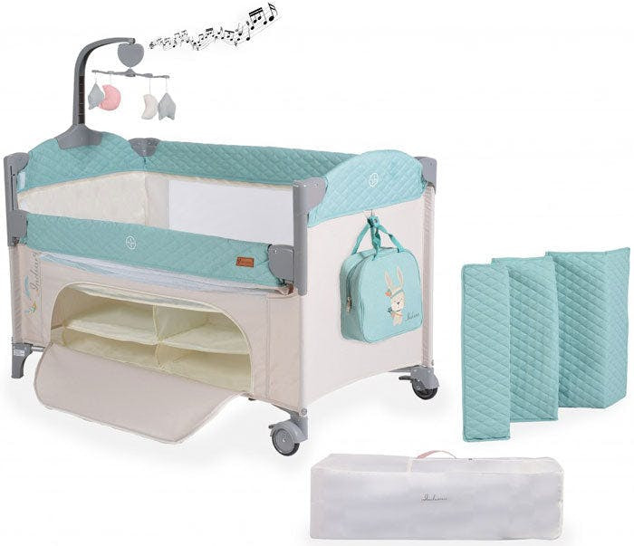 Indiana Mint travel cot with musical mobile and organiser