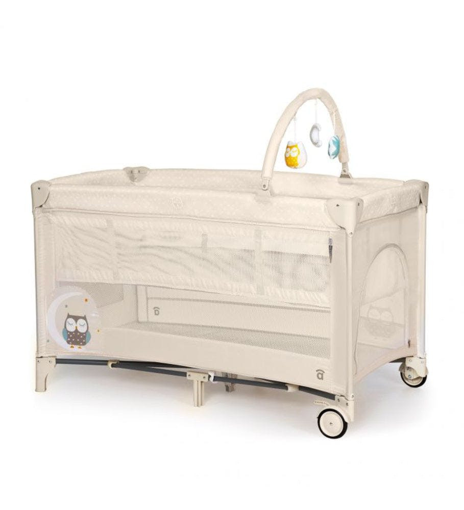 Complet Duo Owl travel cot with toy arch and wheels